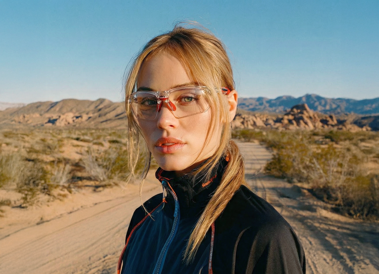 Woman wearing clear sports glasses outdoors in a desert landscape.